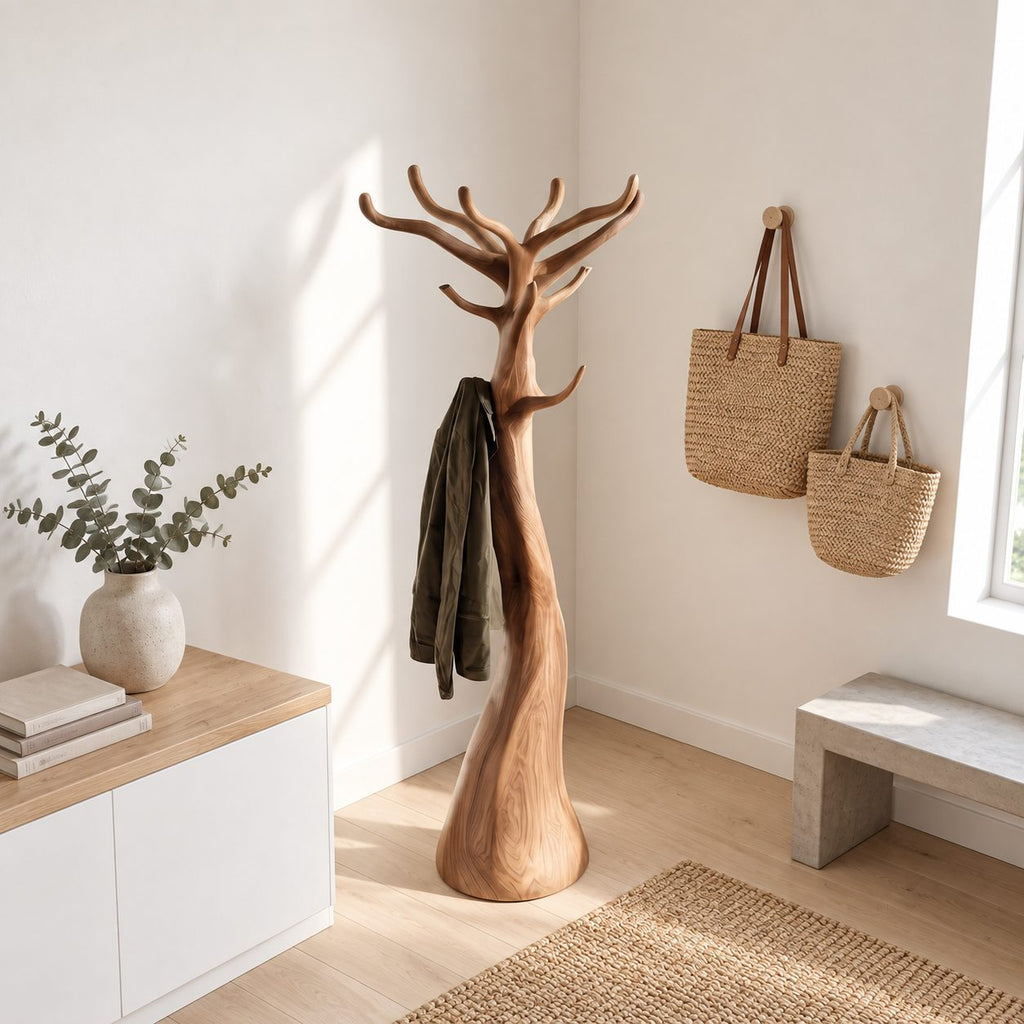 Sculpted Trunk Coat Stand with Branch Crown, Freestanding Smooth Solid Wood Tree Coat Rack, 60-80 Inch