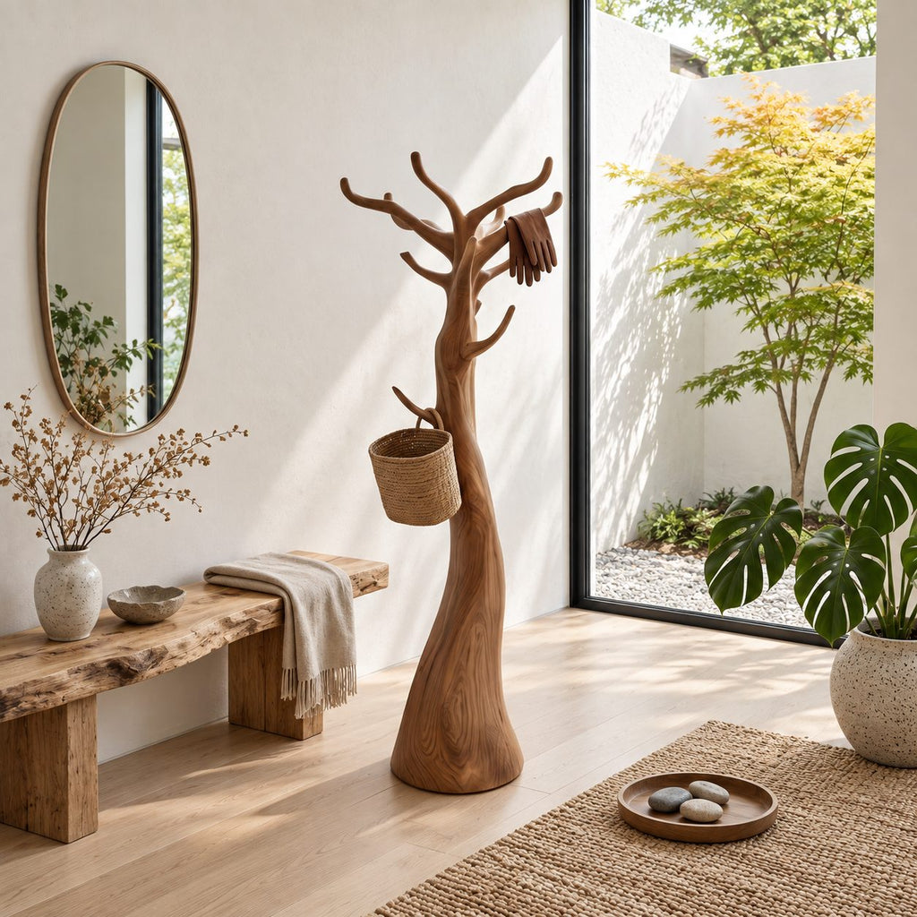 Sculpted Trunk Coat Stand with Branch Crown, Freestanding Smooth Solid Wood Tree Coat Rack, 60-80 Inch