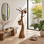 Sculpted Trunk Coat Stand with Branch Crown, Freestanding Smooth Solid Wood Tree Coat Rack, 60-80 Inch