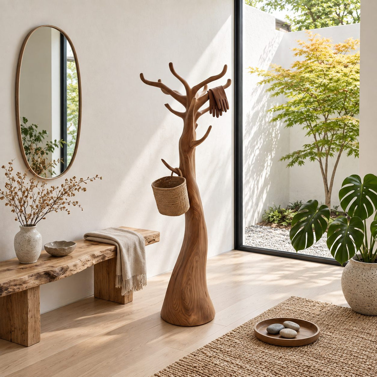 Sculpted Trunk Coat Stand with Branch Crown, Freestanding Smooth Solid Wood Tree Coat Rack, 60-80 Inch