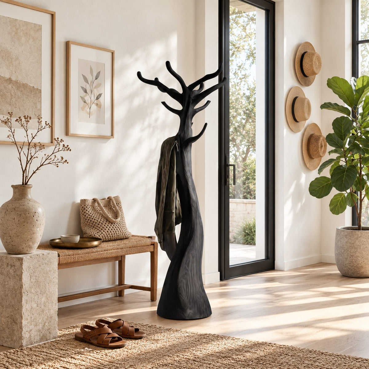 Sculpted Trunk Coat Stand with Branch Crown, Freestanding Smooth Solid Wood Tree Coat Rack, 60-80 Inch