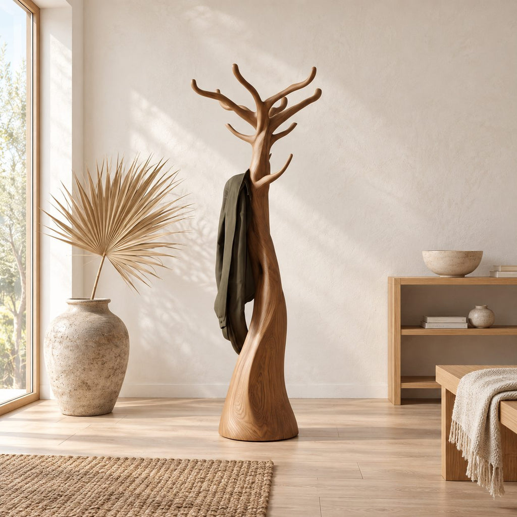 Sculpted Trunk Coat Stand with Branch Crown, Freestanding Smooth Solid Wood Tree Coat Rack, 60-80 Inch
