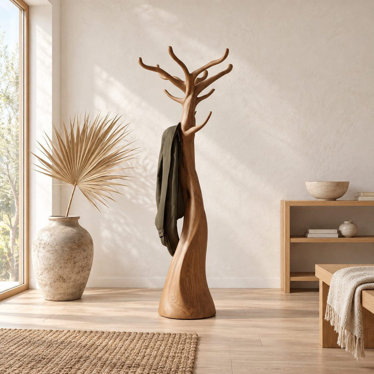 Sculpted Trunk Coat Stand with Branch Crown, Freestanding Smooth Solid Wood Tree Coat Rack, 60-80 Inch