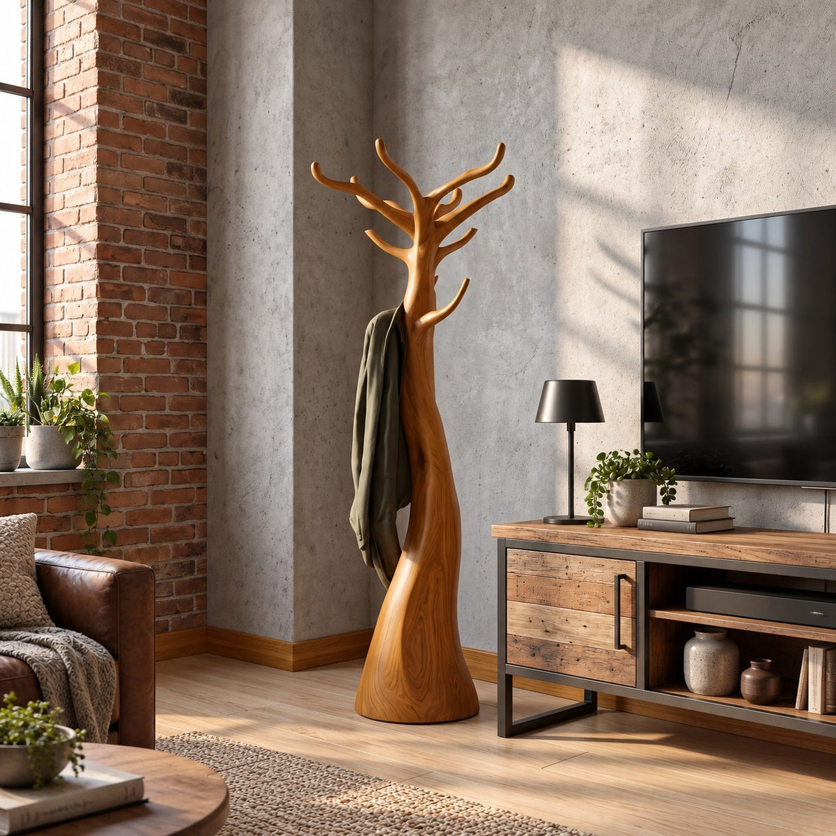 Sculpted Trunk Coat Stand with Branch Crown, Freestanding Smooth Solid Wood Tree Coat Rack, 60-80 Inch