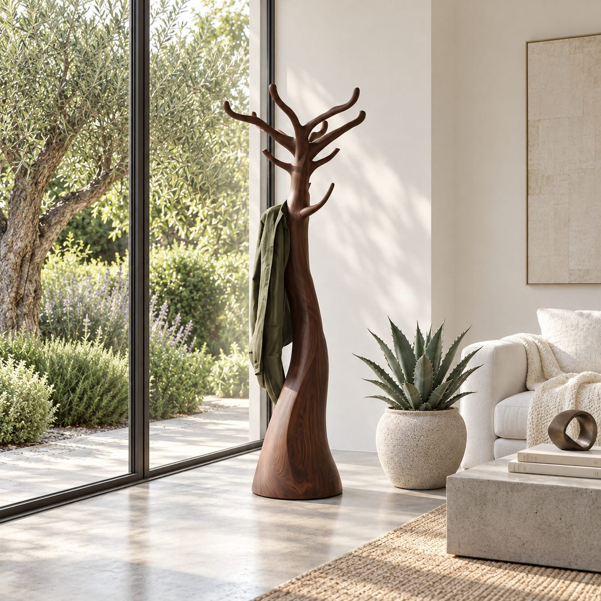 Sculpted Trunk Coat Stand with Branch Crown, Freestanding Smooth Solid Wood Tree Coat Rack, 60-80 Inch
