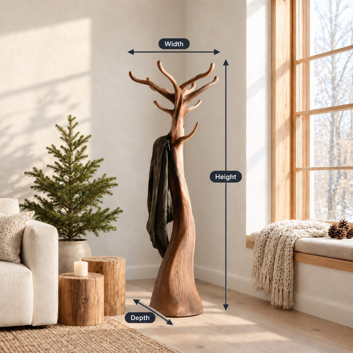 Sculpted Trunk Coat Stand with Branch Crown, Freestanding Smooth Solid Wood Tree Coat Rack, 60-80 Inch