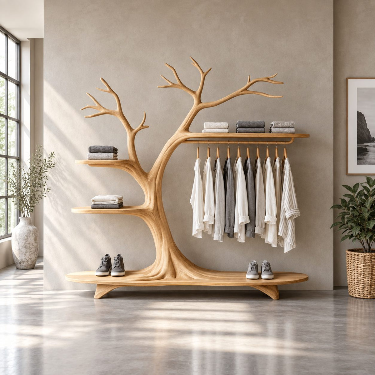 Arching Tree Clothes Rack on Platform Base with Side Shelves and Hanging Rail, Solid Wood Wardrobe, 70 x 80 Inch