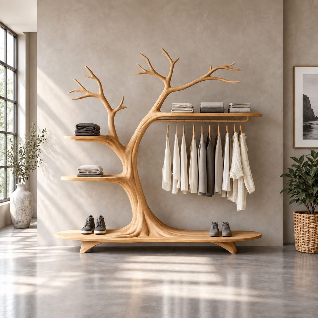 Arching Tree Clothes Rack on Platform Base with Side Shelves and Hanging Rail, Solid Wood Wardrobe, 70 x 80 Inch