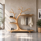 Arching Tree Clothes Rack on Platform Base with Side Shelves and Hanging Rail, Solid Wood Wardrobe, 70 x 80 Inch