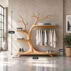 Arching Tree Clothes Rack on Platform Base with Side Shelves and Hanging Rail, Solid Wood Wardrobe, 70 x 80 Inch