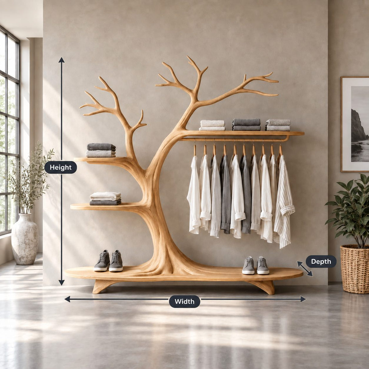 Arching Tree Clothes Rack on Platform Base with Side Shelves and Hanging Rail, Solid Wood Wardrobe, 70 x 80 Inch