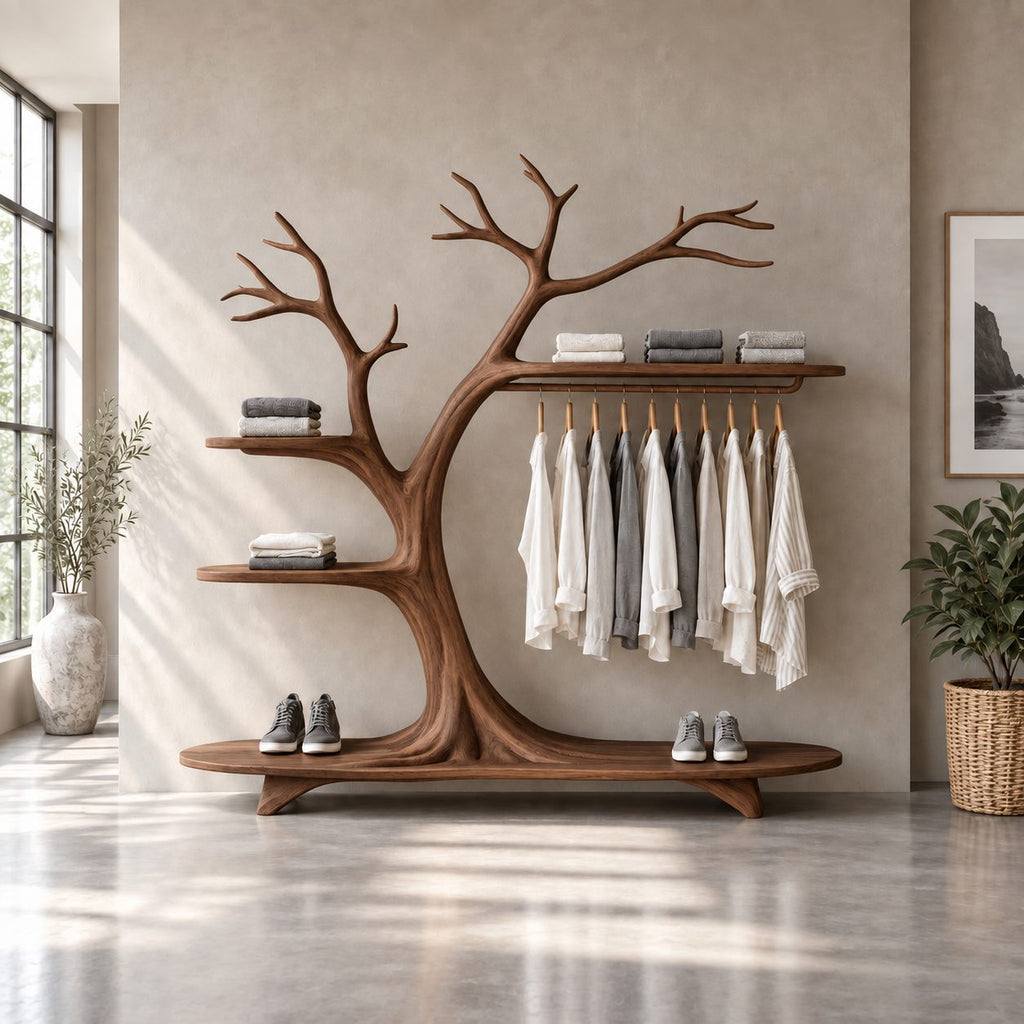 Arching Tree Clothes Rack on Platform Base with Side Shelves and Hanging Rail, Solid Wood Wardrobe, 70 x 80 Inch