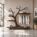 Arching Tree Clothes Rack on Platform Base with Side Shelves and Hanging Rail, Solid Wood Wardrobe, 70 x 80 Inch