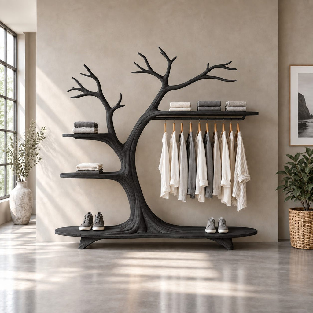 Arching Tree Clothes Rack on Platform Base with Side Shelves and Hanging Rail, Solid Wood Wardrobe, 70 x 80 Inch