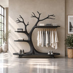 Arching Tree Clothes Rack on Platform Base with Side Shelves and Hanging Rail, Solid Wood Wardrobe, 70 x 80 Inch