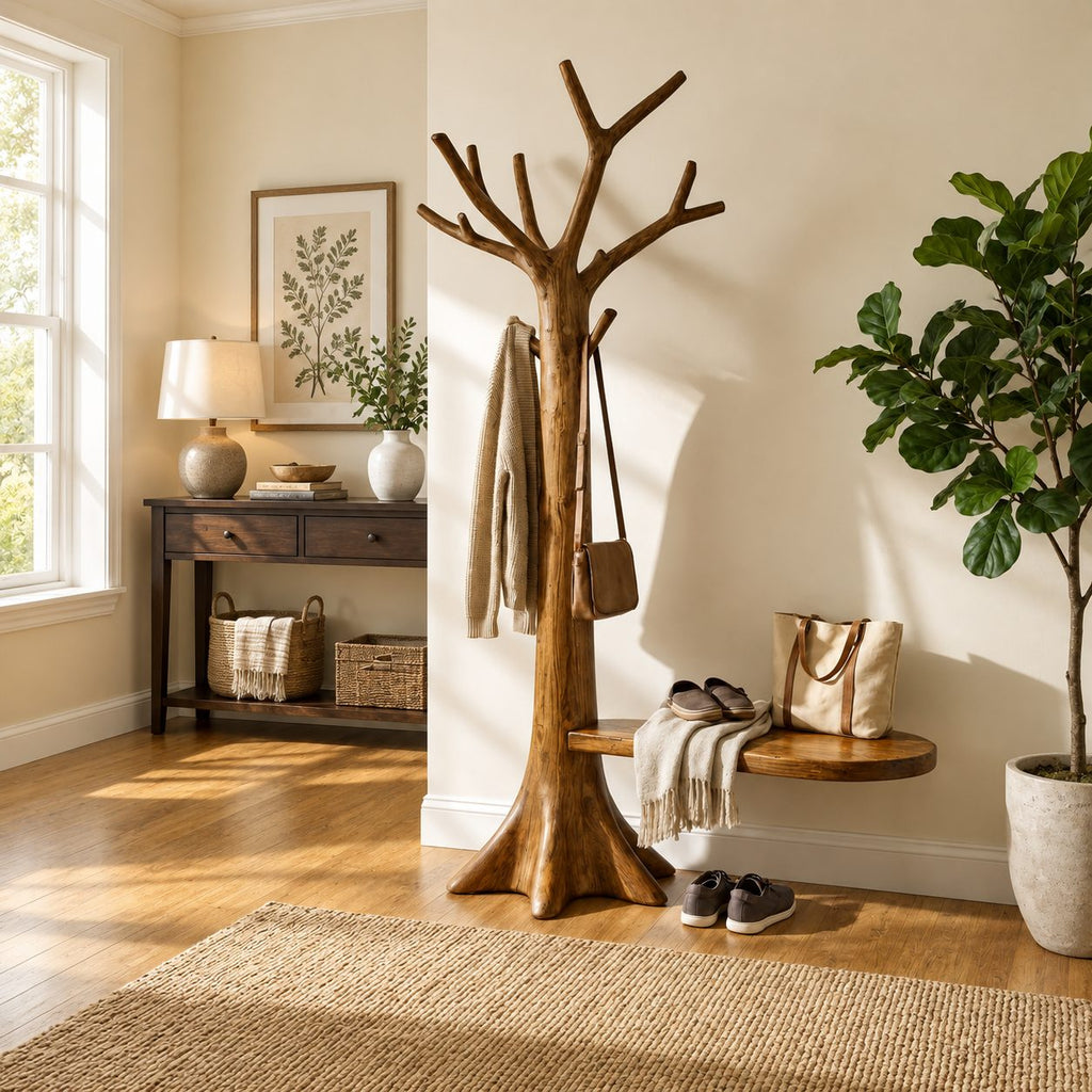 Root Base Tree Coat Rack with Side Seat Ledge, Freestanding Solid Wood Hall Tree with Branch Hooks, 60-80 Inch