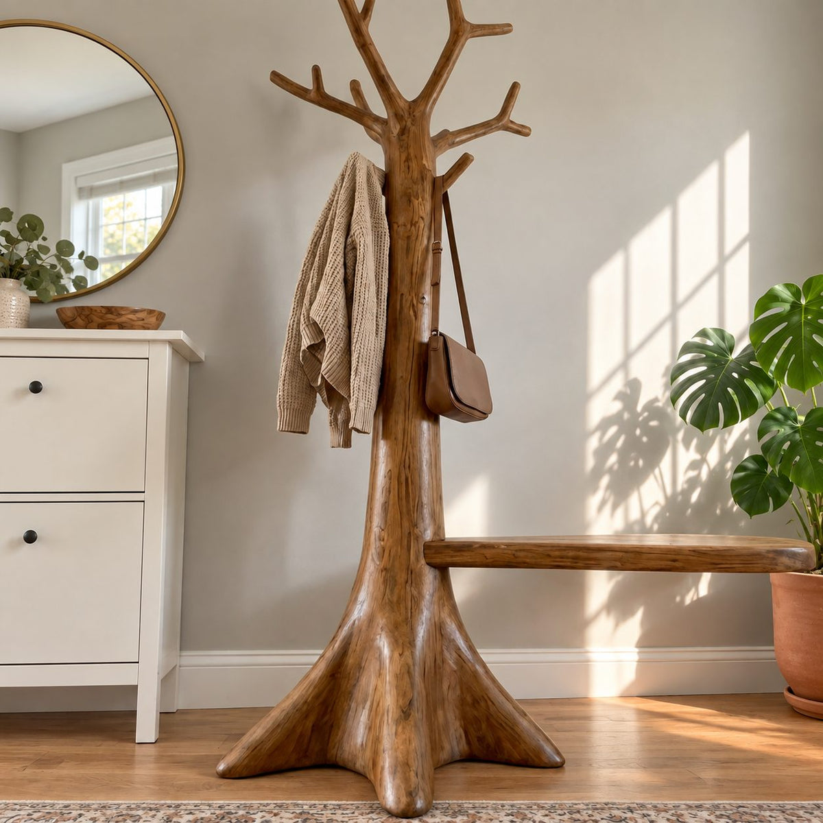 Root Base Tree Coat Rack with Side Seat Ledge, Freestanding Solid Wood Hall Tree with Branch Hooks, 60-80 Inch