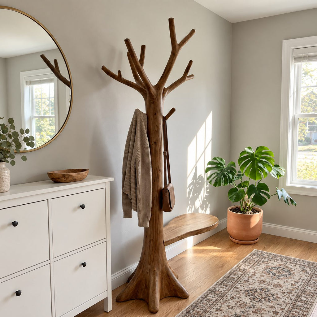 Root Base Tree Coat Rack with Side Seat Ledge, Freestanding Solid Wood Hall Tree with Branch Hooks, 60-80 Inch