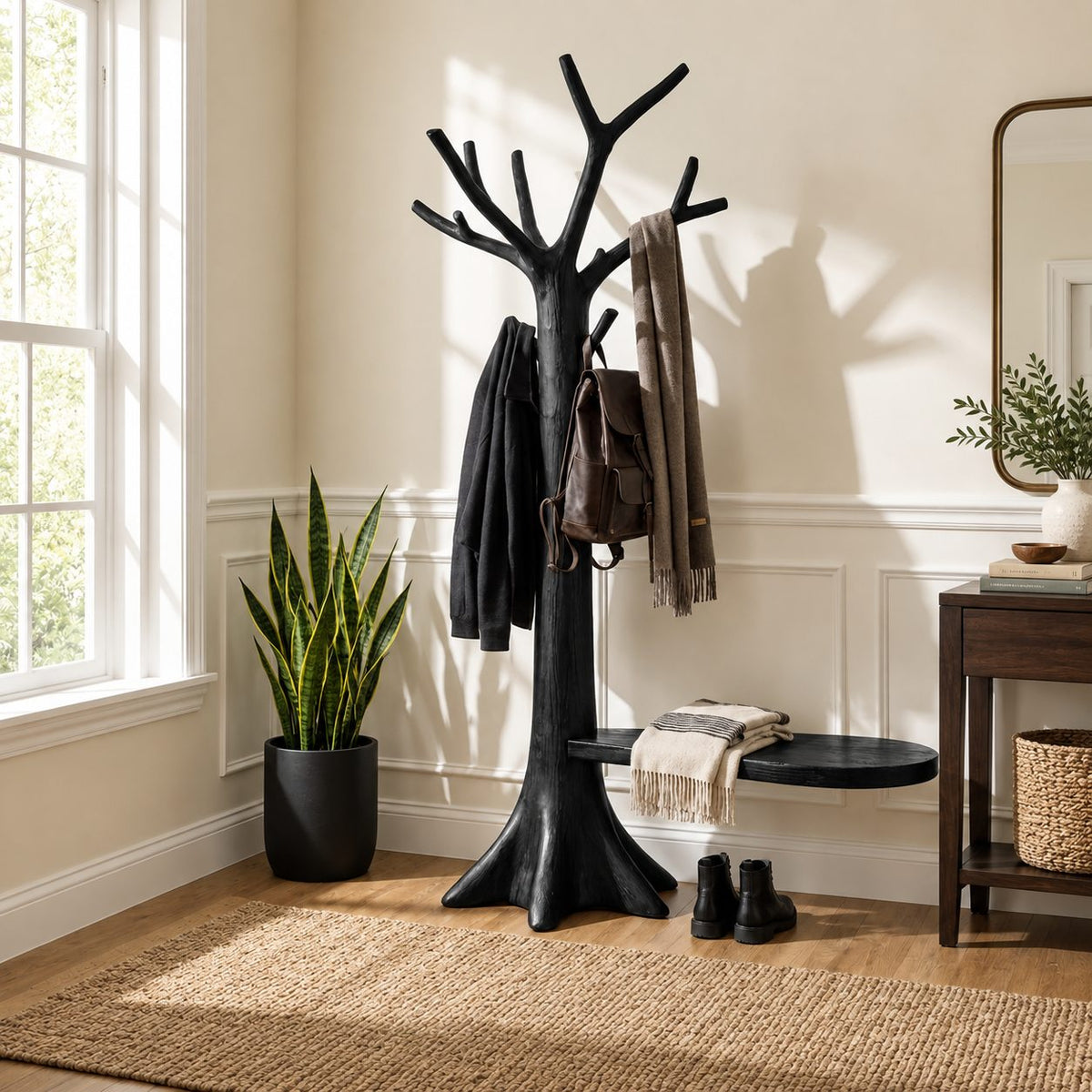 Root Base Tree Coat Rack with Side Seat Ledge, Freestanding Solid Wood Hall Tree with Branch Hooks, 60-80 Inch
