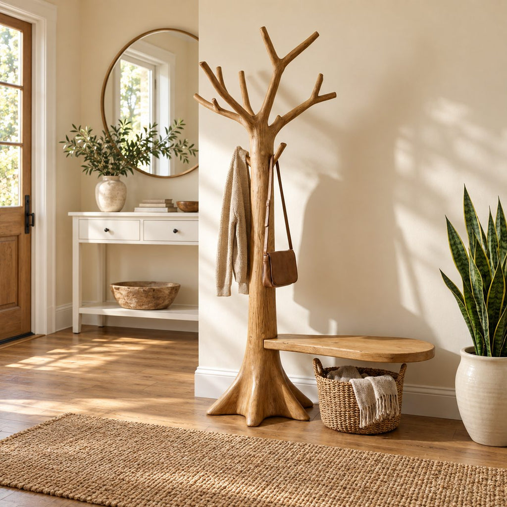 Root Base Tree Coat Rack with Side Seat Ledge, Freestanding Solid Wood Hall Tree with Branch Hooks, 60-80 Inch