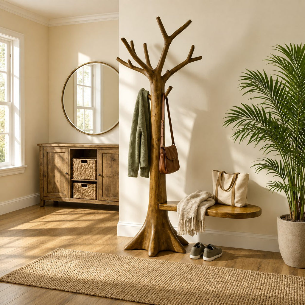 Root Base Tree Coat Rack with Side Seat Ledge, Freestanding Solid Wood Hall Tree with Branch Hooks, 60-80 Inch
