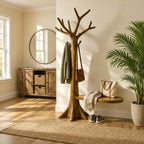 Root Base Tree Coat Rack with Side Seat Ledge, Freestanding Solid Wood Hall Tree with Branch Hooks, 60-80 Inch