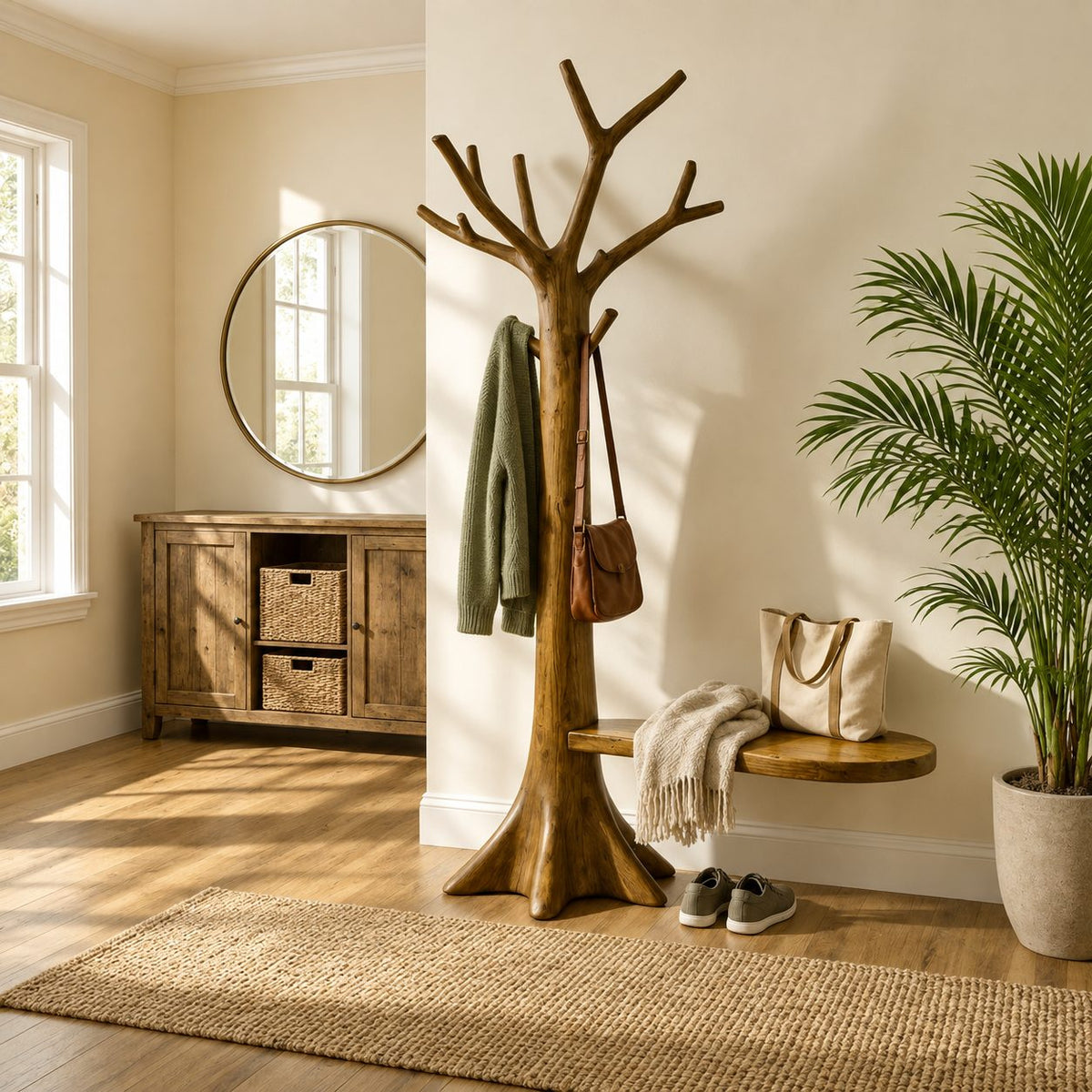 Root Base Tree Coat Rack with Side Seat Ledge, Freestanding Solid Wood Hall Tree with Branch Hooks, 60-80 Inch