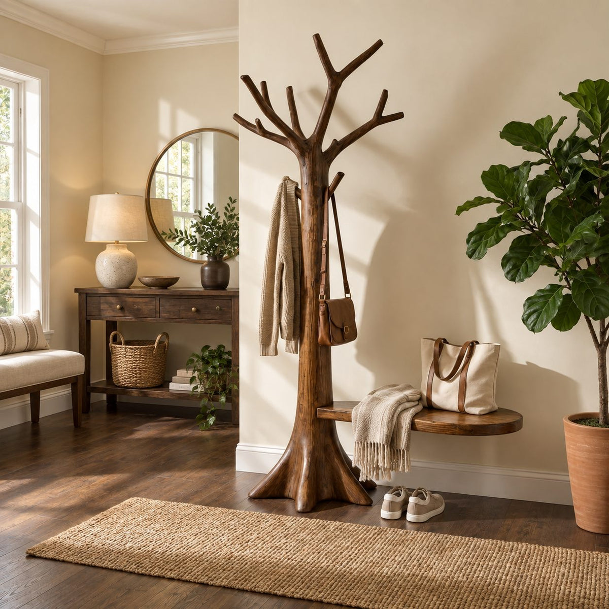 Root Base Tree Coat Rack with Side Seat Ledge, Freestanding Solid Wood Hall Tree with Branch Hooks, 60-80 Inch