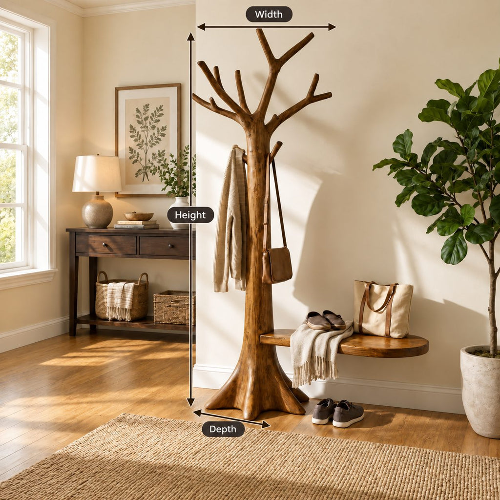 Root Base Tree Coat Rack with Side Seat Ledge, Freestanding Solid Wood Hall Tree with Branch Hooks, 60-80 Inch