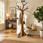 Root Base Tree Coat Rack with Side Seat Ledge, Freestanding Solid Wood Hall Tree with Branch Hooks, 60-80 Inch