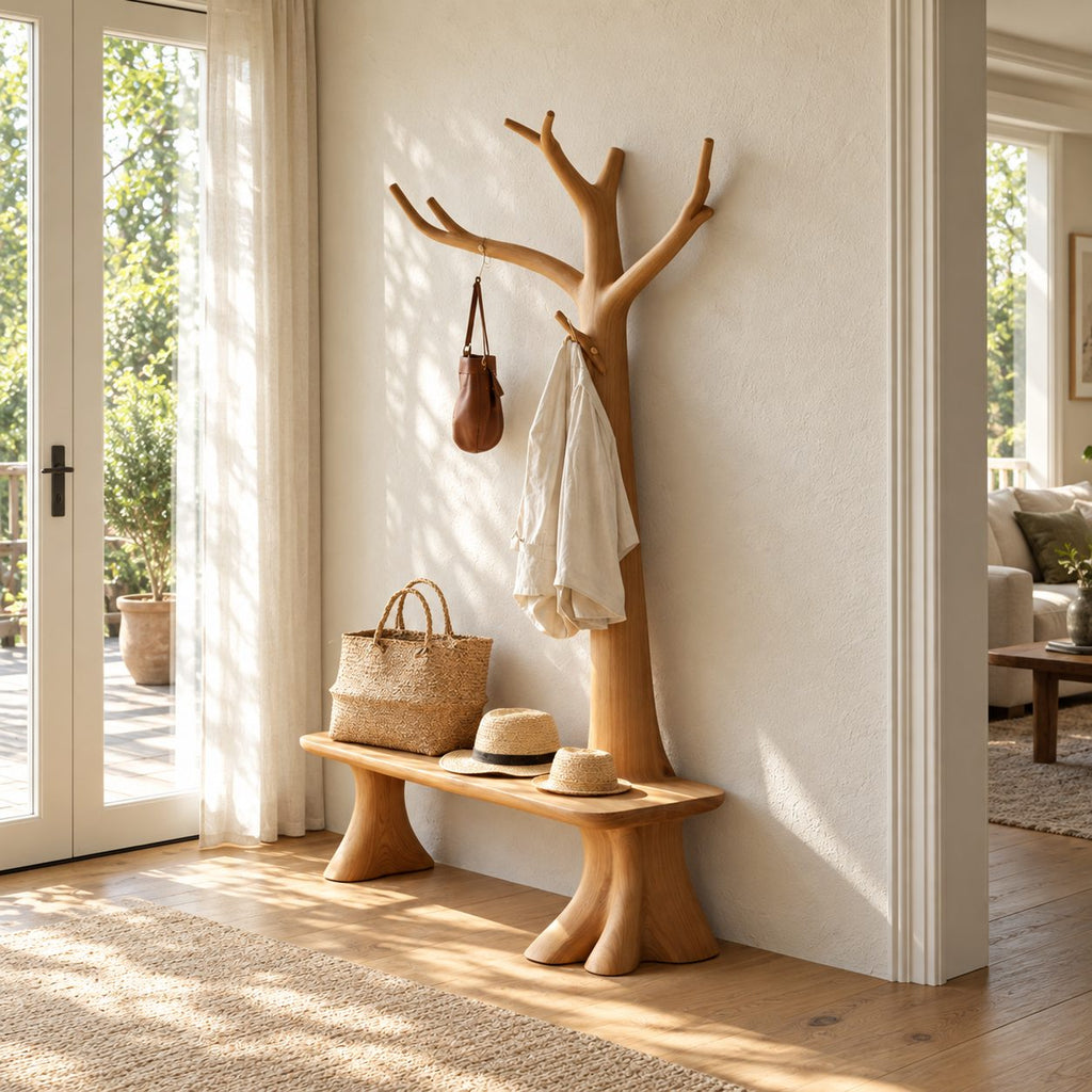 Stump Leg Bench Tree Coat Rack, Solid Wood Entryway Hall Tree with Seat and Upswept Branch Hooks, 40 x 80 Inch