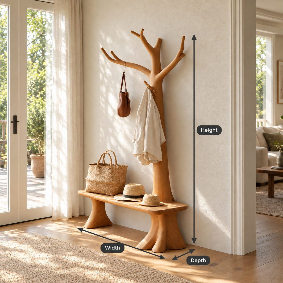 Stump Leg Bench Tree Coat Rack, Solid Wood Entryway Hall Tree with Seat and Upswept Branch Hooks, 40 x 80 Inch