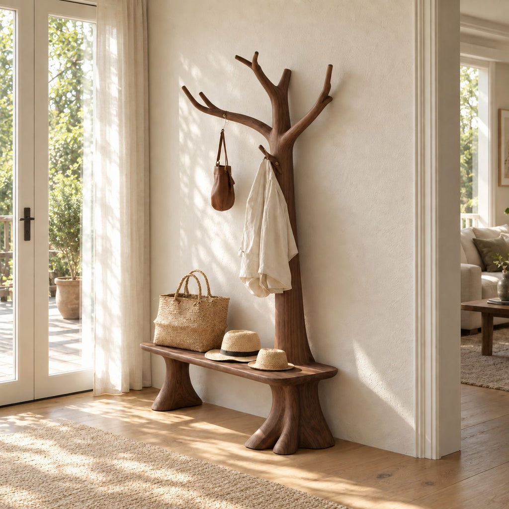 Stump Leg Bench Tree Coat Rack, Solid Wood Entryway Hall Tree with Seat and Upswept Branch Hooks, 40 x 80 Inch