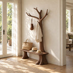 Stump Leg Bench Tree Coat Rack, Solid Wood Entryway Hall Tree with Seat and Upswept Branch Hooks, 40 x 80 Inch