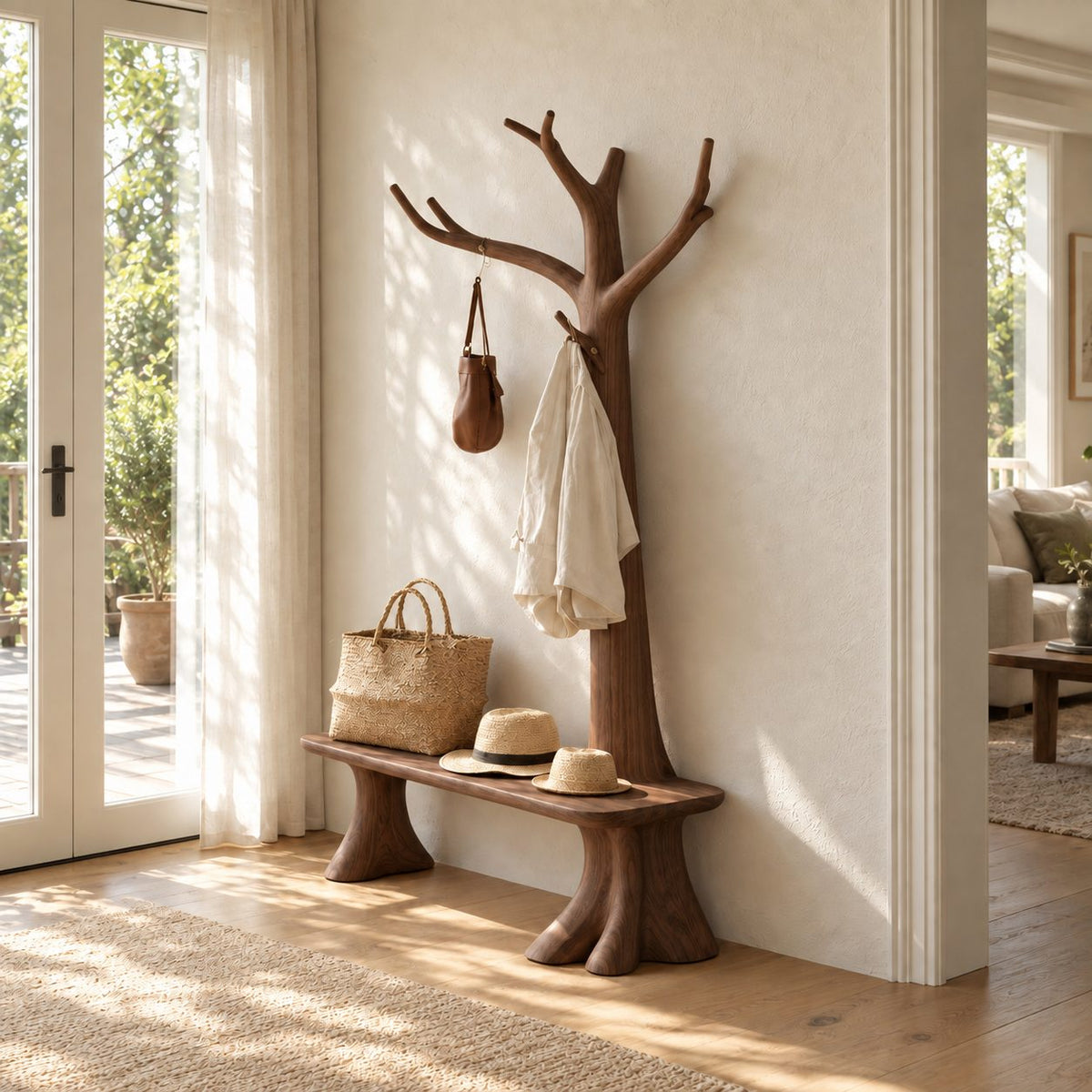 Stump Leg Bench Tree Coat Rack, Solid Wood Entryway Hall Tree with Seat and Upswept Branch Hooks, 40 x 80 Inch