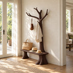 Stump Leg Bench Tree Coat Rack, Solid Wood Entryway Hall Tree with Seat and Upswept Branch Hooks, 40 x 80 Inch