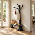 Stump Leg Bench Tree Coat Rack, Solid Wood Entryway Hall Tree with Seat and Upswept Branch Hooks, 40 x 80 Inch