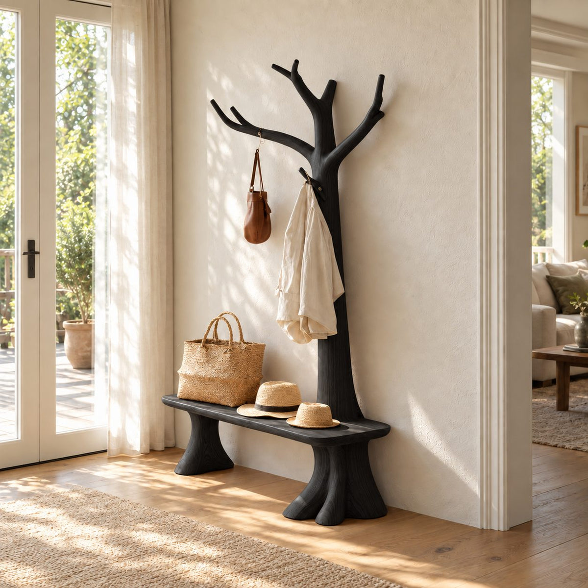 Stump Leg Bench Tree Coat Rack, Solid Wood Entryway Hall Tree with Seat and Upswept Branch Hooks, 40 x 80 Inch