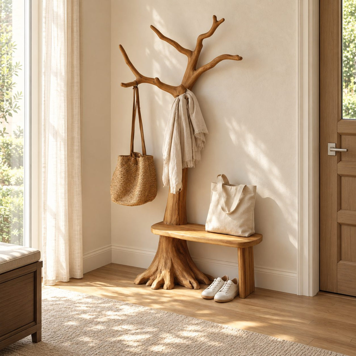 Tree Stump Bench Coat Stand with Twisting Branches, Solid Wood Entryway Hall Tree and Seat, 40 x 80 Inch