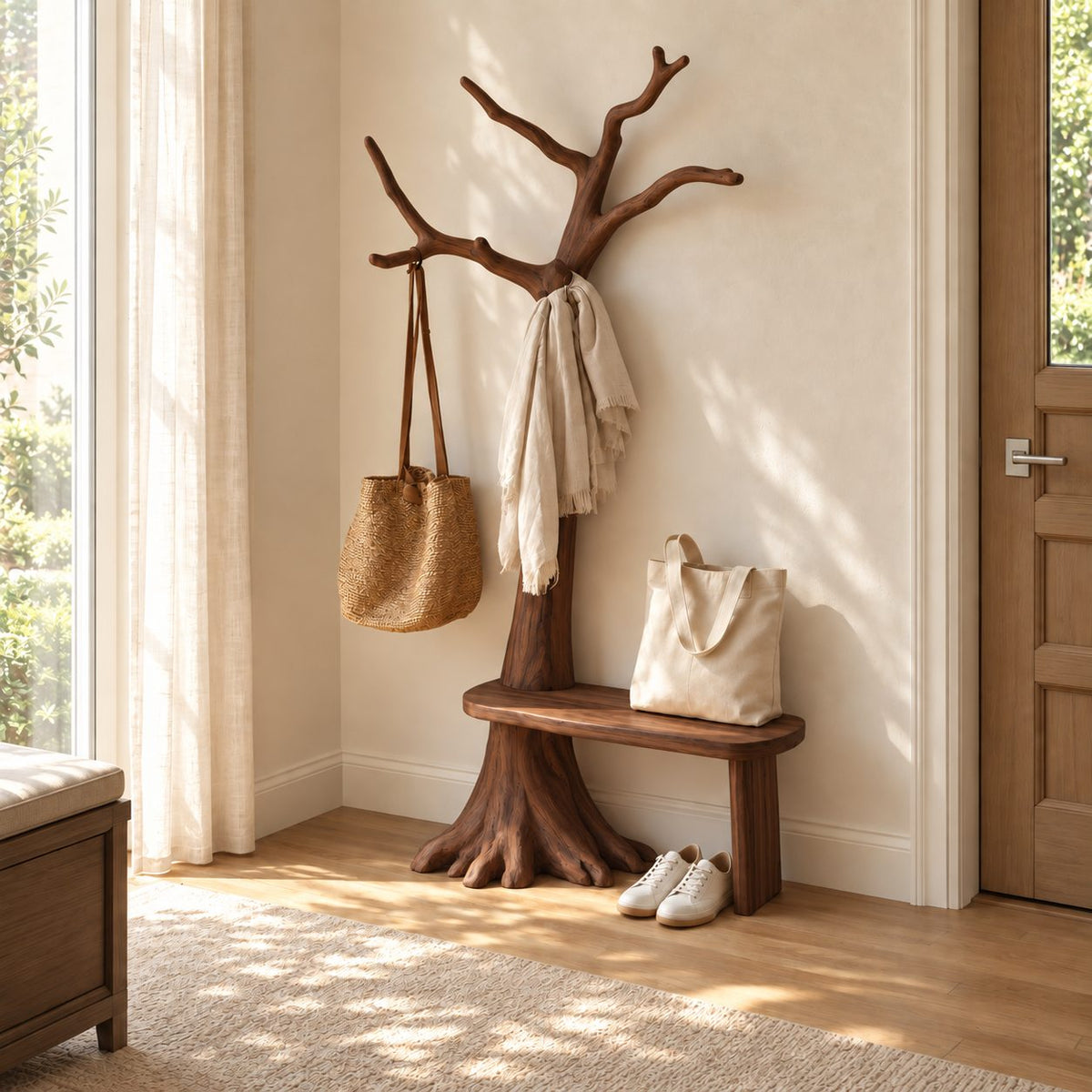 Tree Stump Bench Coat Stand with Twisting Branches, Solid Wood Entryway Hall Tree and Seat, 40 x 80 Inch