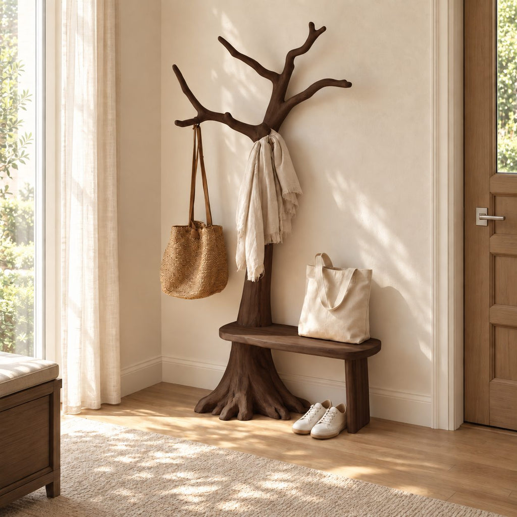 Tree Stump Bench Coat Stand with Twisting Branches, Solid Wood Entryway Hall Tree and Seat, 40 x 80 Inch