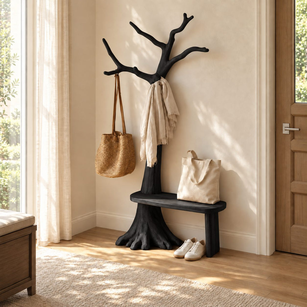 Tree Stump Bench Coat Stand with Twisting Branches, Solid Wood Entryway Hall Tree and Seat, 40 x 80 Inch