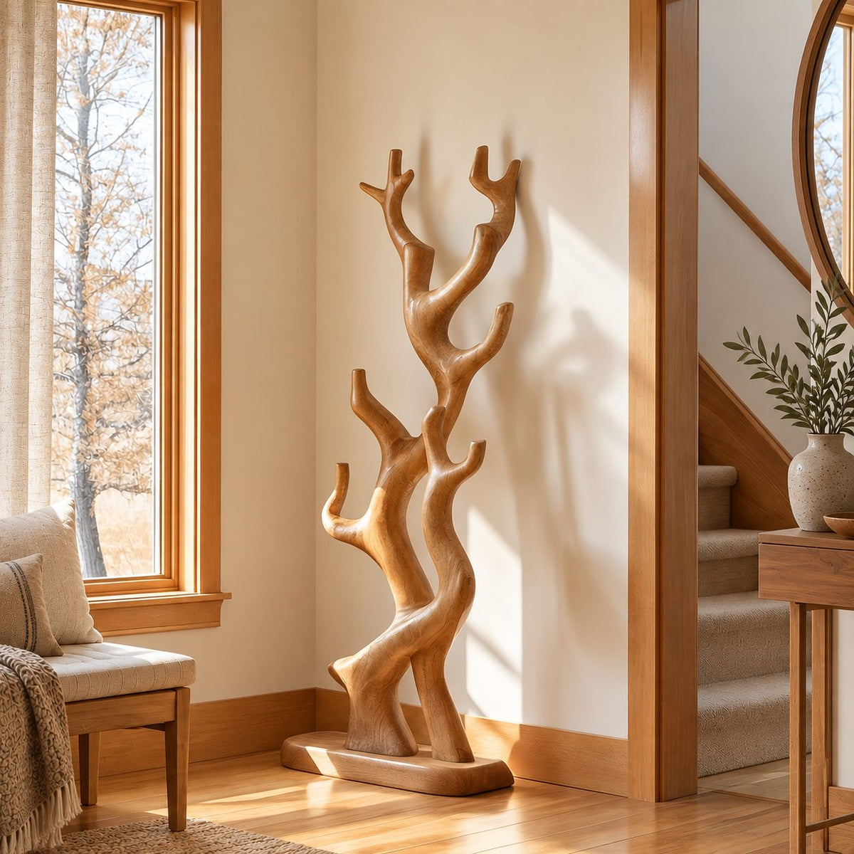 Twisting Branch Coat Stand on Oval Base, Sculptural Freestanding Solid Wood Coat Rack for Entryway, 60-80 Inch