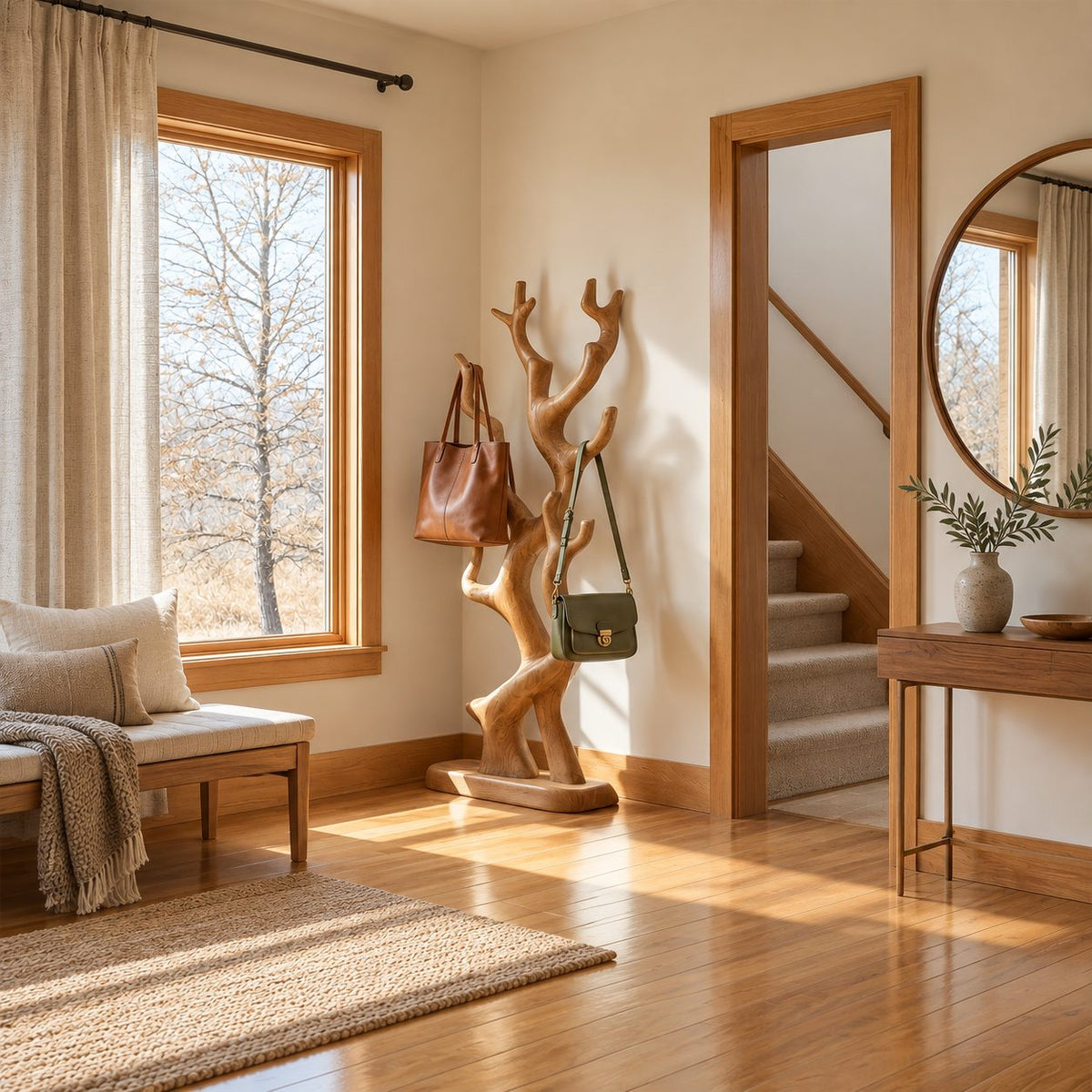 Twisting Branch Coat Stand on Oval Base, Sculptural Freestanding Solid Wood Coat Rack for Entryway, 60-80 Inch