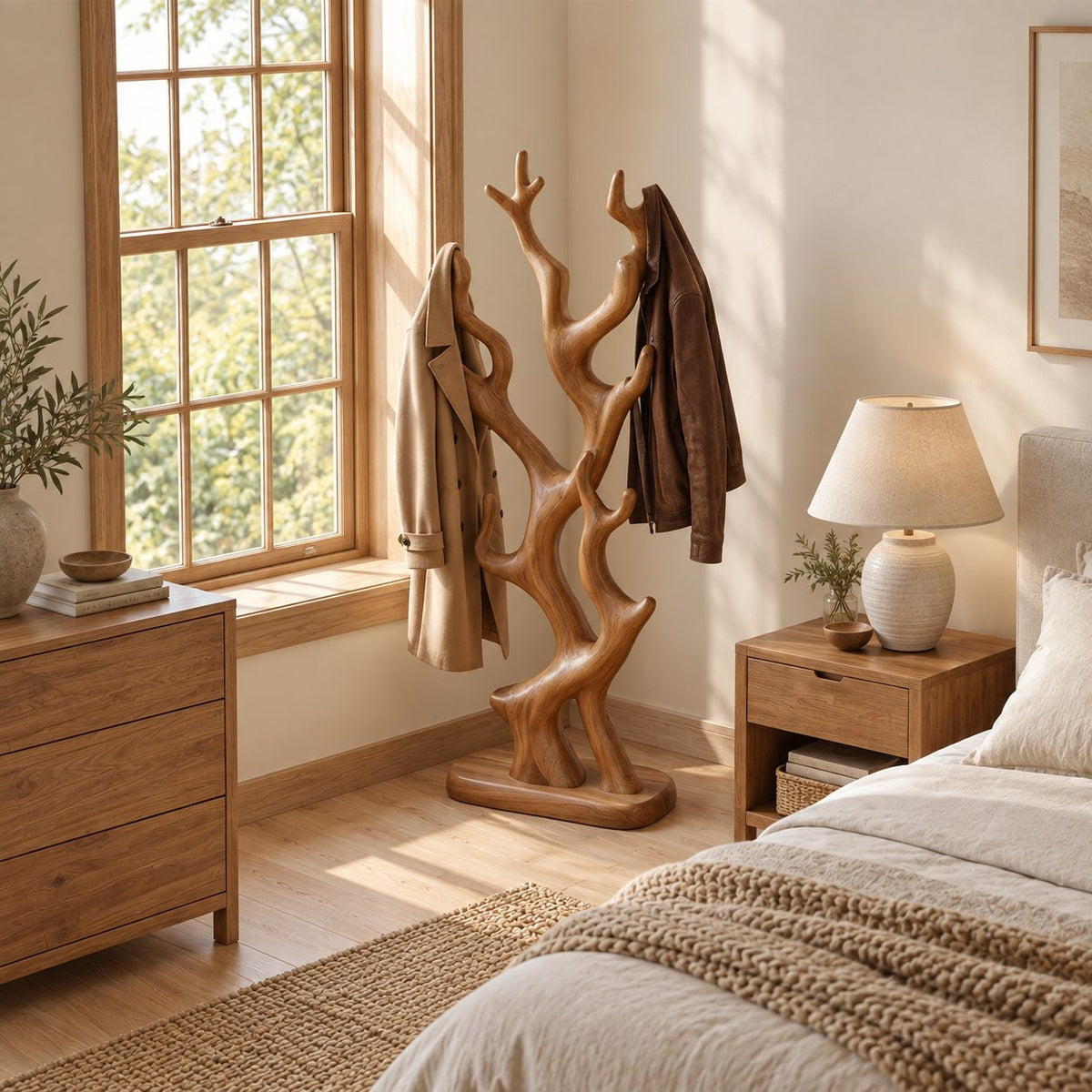Twisting Branch Coat Stand on Oval Base, Sculptural Freestanding Solid Wood Coat Rack for Entryway, 60-80 Inch