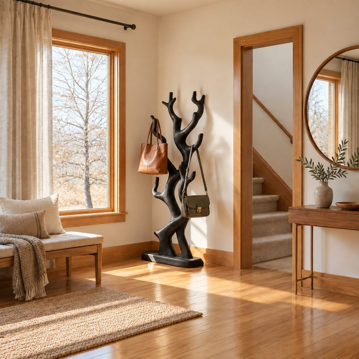 Twisting Branch Coat Stand on Oval Base, Sculptural Freestanding Solid Wood Coat Rack for Entryway, 60-80 Inch