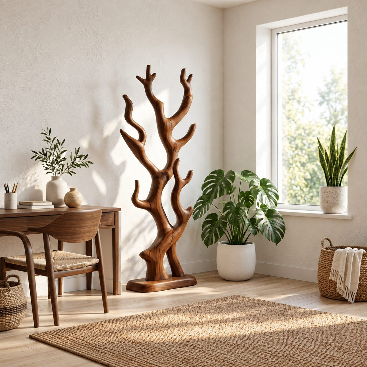 Twisting Branch Coat Stand on Oval Base, Sculptural Freestanding Solid Wood Coat Rack for Entryway, 60-80 Inch