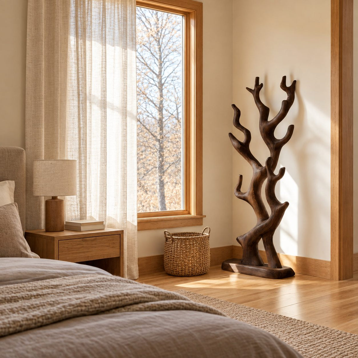 Twisting Branch Coat Stand on Oval Base, Sculptural Freestanding Solid Wood Coat Rack for Entryway, 60-80 Inch