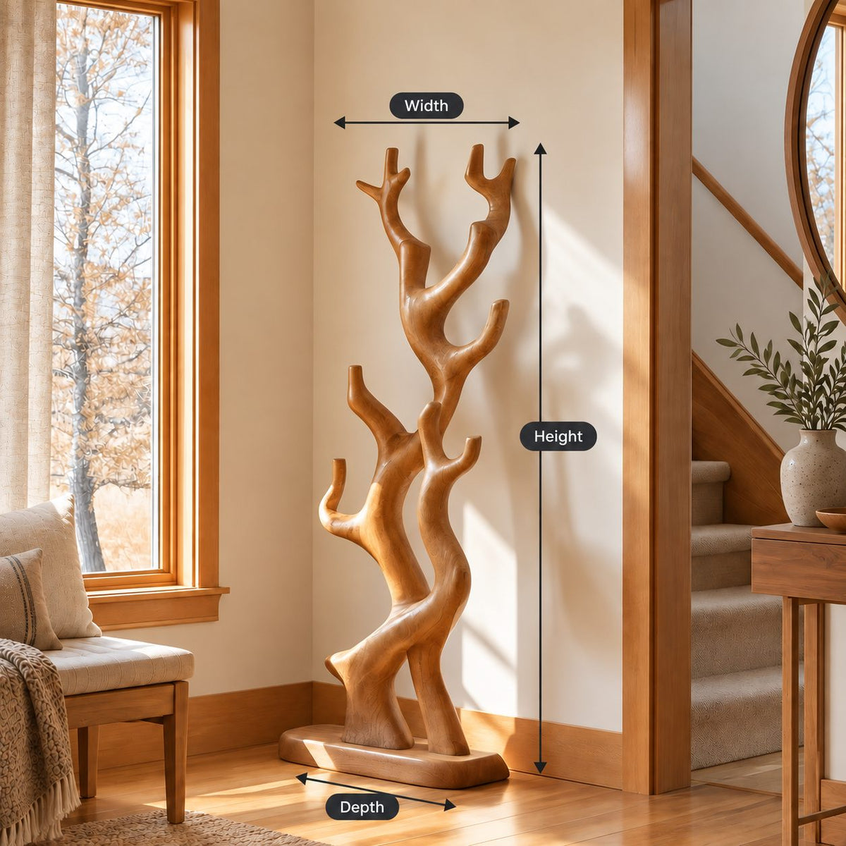 Twisting Branch Coat Stand on Oval Base, Sculptural Freestanding Solid Wood Coat Rack for Entryway, 60-80 Inch