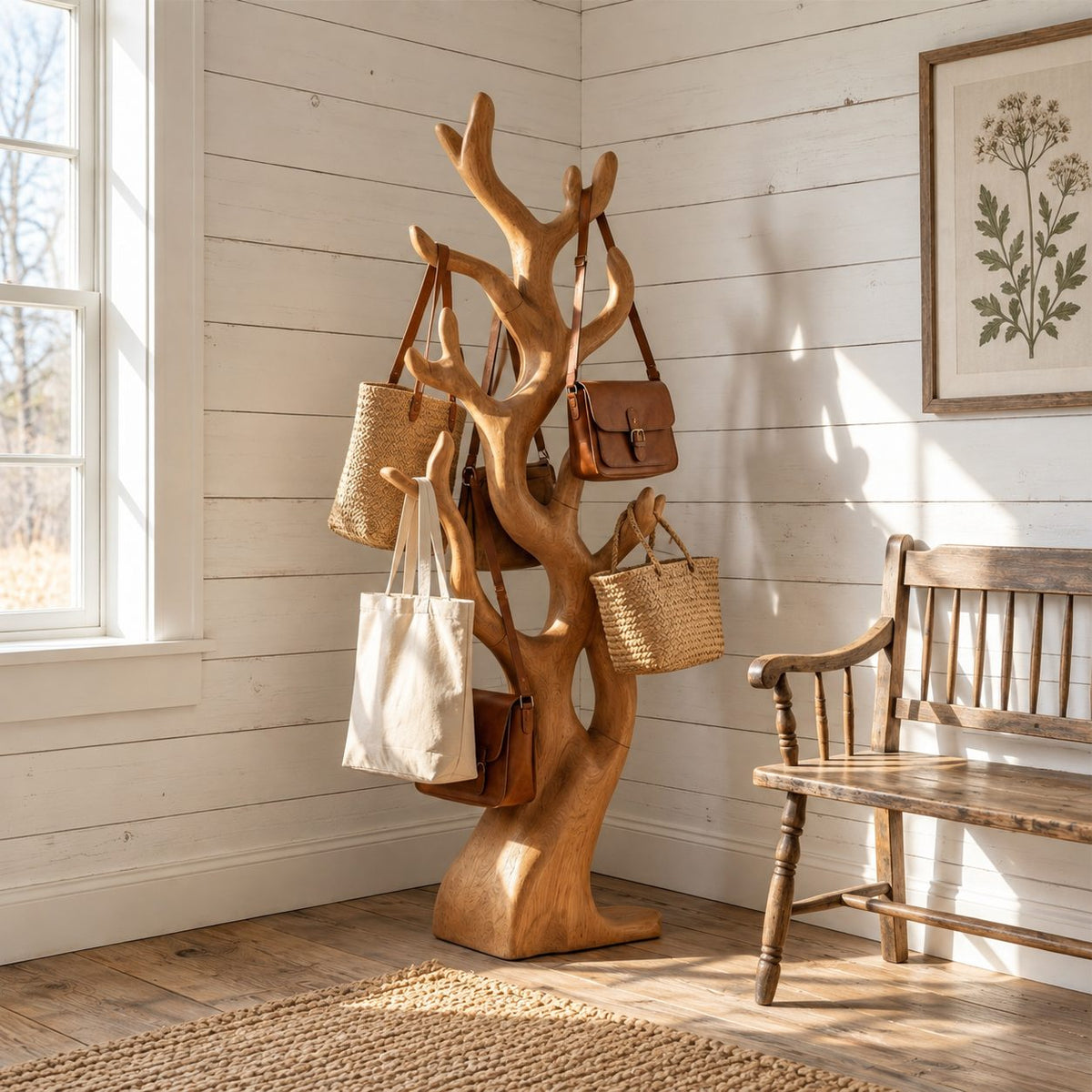 Chunky Sculpted Branch Coat Rack, Freestanding Solid Wood Tree Stand for Bags, Coats and Hats, 60-80 Inch